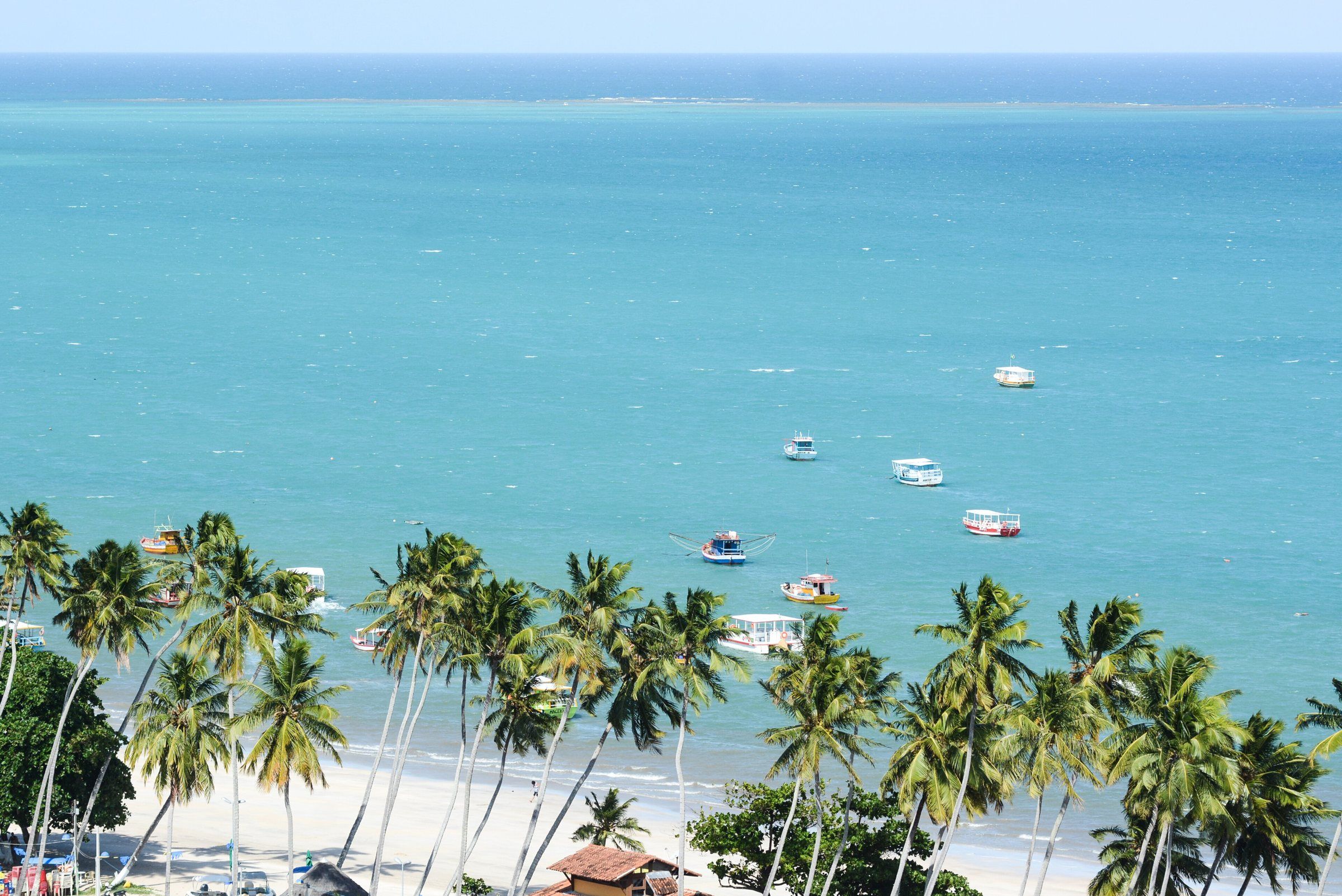 Vista do alto da Praia de Maragogi com coqueiros, areia clara e barcos sobre o mar turquesa